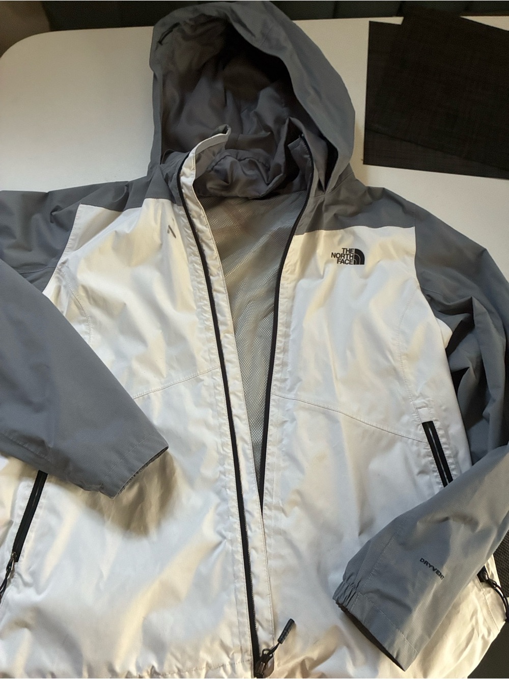 The North Face Women’s Gray & White Hooded Rain Jacket